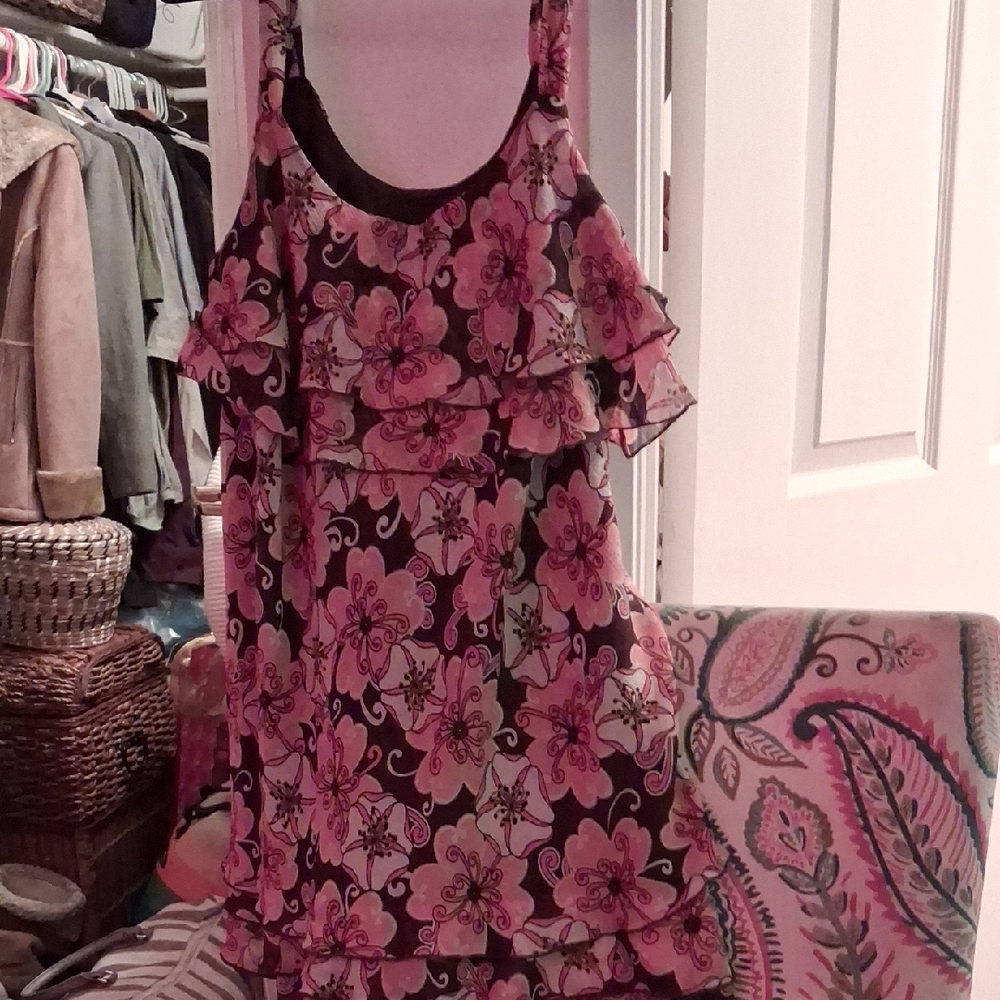 Lane Bryant Pink Floral Ruffle Tank with Brown Base